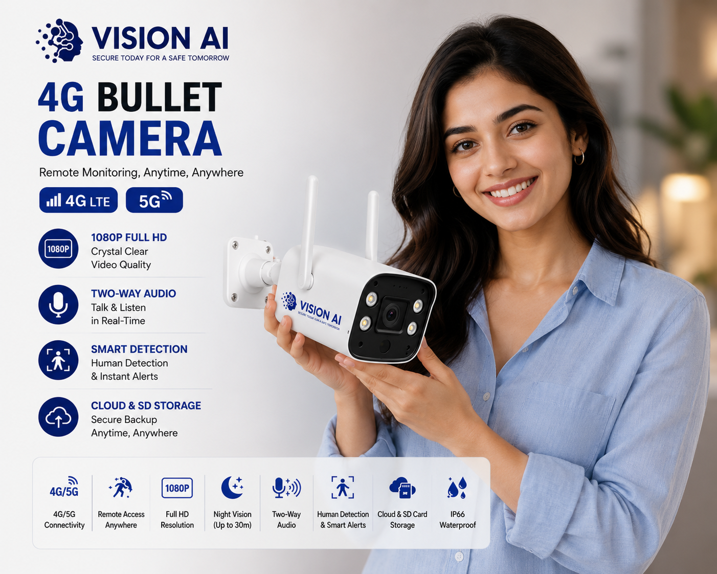 Vision AI 4G/5G Smart Bullet Camera | 3MP Full HD | Two-Way Audio | Human Detection | SD Card & Cloud Storage